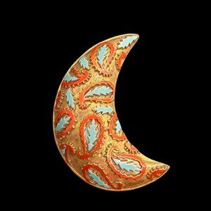 Vtg Karu Crescent Moon Brooch Pin Paisley Gold Tone w/Turquoise & Red Enamel